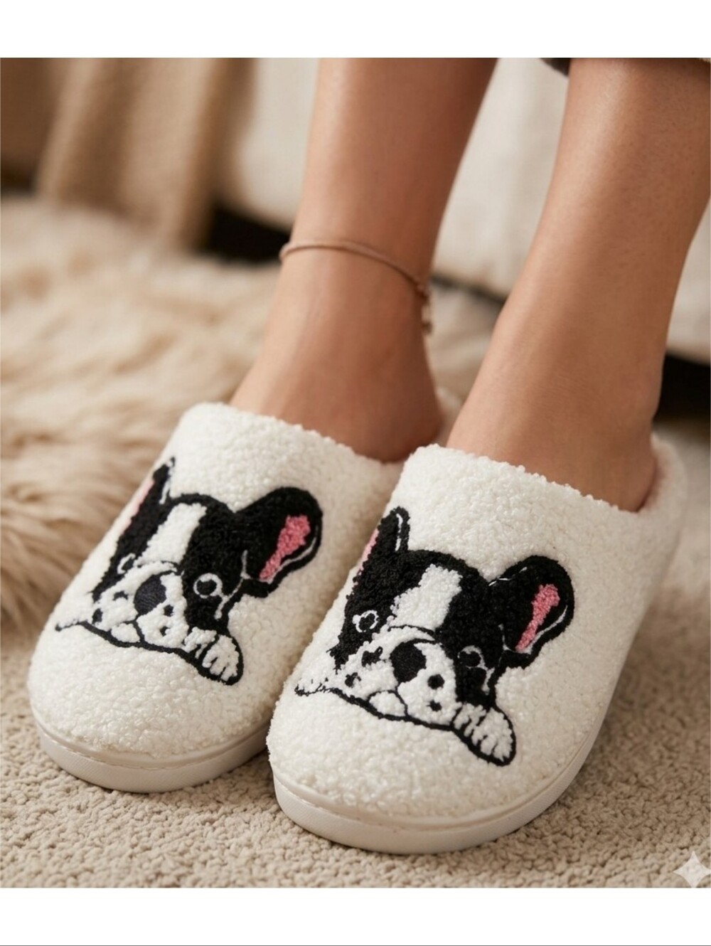 French Bulldog Cozy Slippers Off White Size 8.5